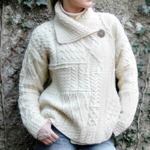 Quills Ireland Merino Wool Chunky Cable Knit Cardigan Wrap Sweater Cream XL